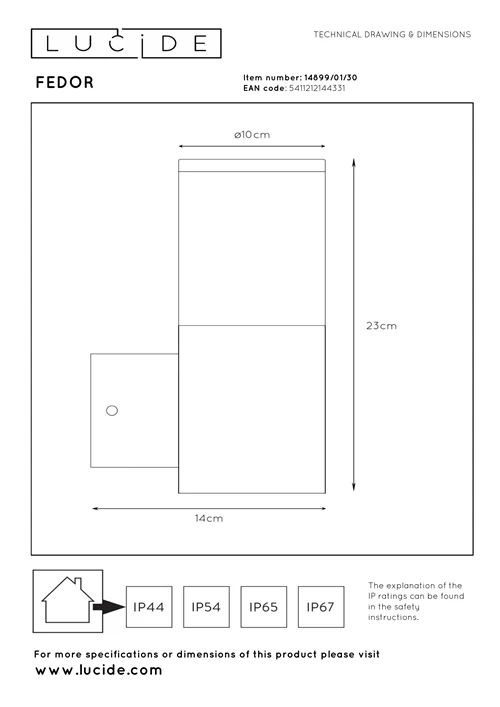 Lucide FEDOR - Wandlamp Binnen/Buiten - 1xE27 - IP44 - Zwart - technisch